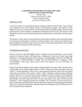 CALIFORNIA DEPARTMENT of FISH and GAME STREAM INVENTORY REPORT Frasier Creek Report Revised April 14, 2006 Report Completed