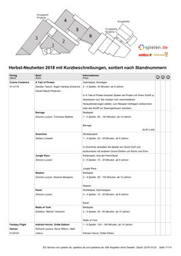 Herbst-Neuheiten 2018 Mit Kurzbeschreibungen, Sortiert Nach Standnummern