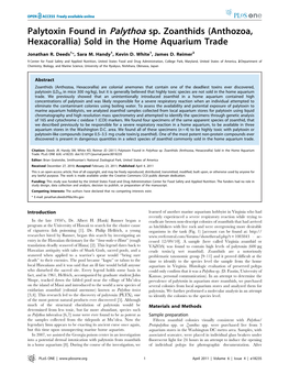 Palytoxin Found in Palythoa Sp. Zoanthids (Anthozoa, Hexacorallia) Sold in the Home Aquarium Trade