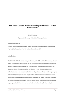 Anti-Racist Cultural Politics in Post-Imperial Britain: the New Beacon Circle1