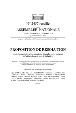 N° 2457 Rectifié ASSEMBLÉE NATIONALE PROPOSITION DE RÉSOLUTION