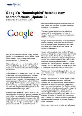 Google's 'Hummingbird' Hatches New Search Formula (Update 3) 26 September 2013, by Michael Liedtke