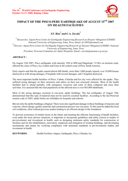 Impact of the Pisco-Peru Earthquake of August 15Th 2007 on Health Facilities