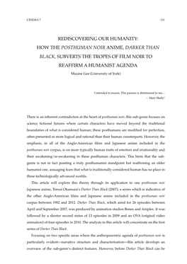 Rediscovering Our Humanity: How the Posthuman Noir Anime, Darker Than Black, Subverts the Tropes of Film Noir to Reaffirm a Humanist Agenda