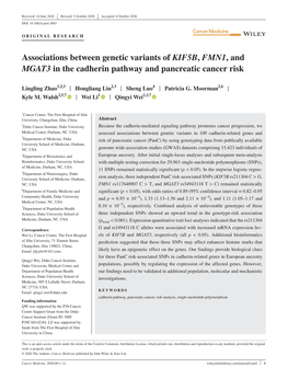 Associations Between Genetic Variants of KIF5B, FMN1, and MGAT3 in the Cadherin Pathway and Pancreatic Cancer Risk