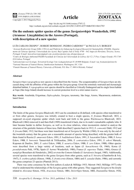 Araneae: Linyphiidae) in the Azores (Portugal), with Description of a New Species