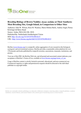Breeding Biology of Brown Noddies Anous Stolidus at Their Southern- Most Breeding Site, Gough Island, in Comparison to Other Sites Author(S): John W