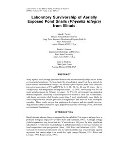 Laboratory Survivorship of Aerially Exposed Pond Snails (Physella Integra) from Illinois