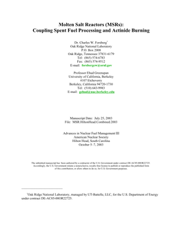 (Msrs): Coupling Spent Fuel Processing and Actinide Burning