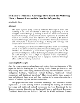 Sri Lanka's Traditional Knowledge About Health and Wellbeing