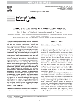 Selected Topics: Toxicology