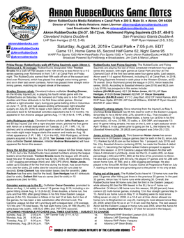 AKRON RUBBERDUCKS GAME NOTES Akron Rubberducks Media Relations ● Canal Park ● 300 S