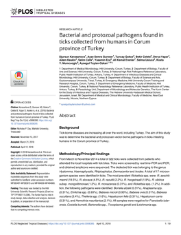 Bacterial and Protozoal Pathogens Found in Ticks Collected from Humans in Corum Province of Turkey