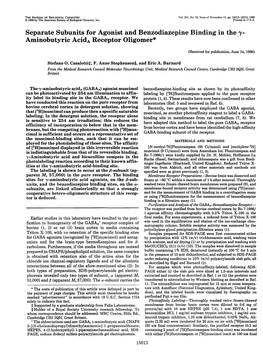 Separate Subunits for Agonist and Benzodiazepine Binding in the Y- Aminobutyric Acida Receptor Oligomer*