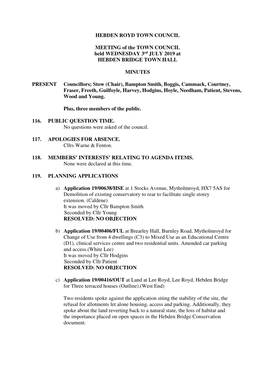 HEBDEN ROYD TOWN COUNCIL MEETING of the TOWN COUNCIL Held WEDNESDAY 3Rd JULY 2019 at HEBDEN BRIDGE TOWN HALL MINUTES PRESENT