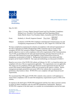 Evaluation of WVPE-FM Compliance with Selected Communications Act and Transparency Requirements As of March 24, 2021, Report No
