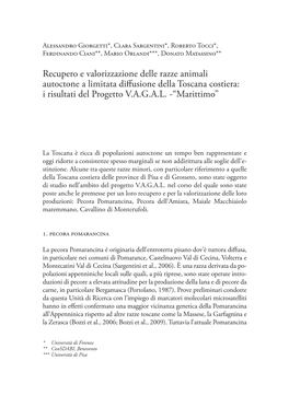 Recupero E Valorizzazione Delle Razze Animali Autoctone a Limitata Diffusione Della Toscana Costiera: I Risultati Del Progetto V.A.G.A.L