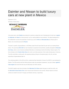 Daimler and Nissan to Build Luxury Cars at New Plant in Mexico