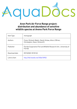 Avon Park Air Force Range Project: Distribution and Abundance of Sensitive Wildlife Species at Avone Park Force Range