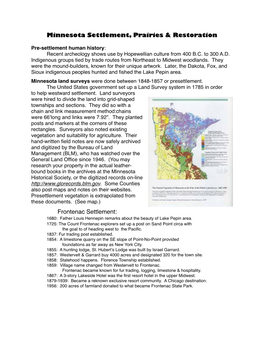 Minnesota Settlement, Prairies & Restoration Frontenac Settlement