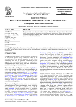 FOREST PTERIDOPHYTES of CHAMPHAI DISTRICT, MIZORAM, INDIA Vanlalpeka R and Ramachandra Laha*