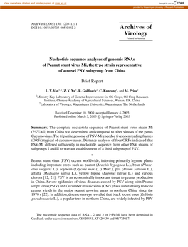 Nucleotide Sequence Analyses of Genomic Rnas of Peanut Stunt Virus Mi, the Type Strain Representative of a Novel PSV Subgroup from China