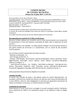 COMPTE-RENDU DE CONSEIL MUNICIPAL Séance Du 14 Juin 2019 À 19 H 30