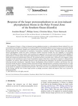 Response of the Larger Protozooplankton to an Iron-Induced Phytoplankton Bloom in the Polar Frontal Zone of the Southern Ocean (Eisenex)