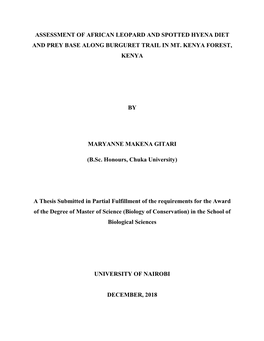 Assessment of African Leopard and Spotted Hyena Diet and Prey Base Along Burguret Trail in Mt