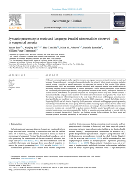 Syntactic Processing in Music and Language Parallel Abnormalities Observed in Congenital Amusia