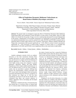 Effect of Nandrolone Decanoate, Boldenone Undecylenate on Renal Status of Rabbits (Oryctolagus Cuniculus)