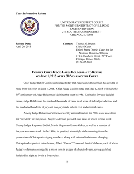 Former Chief Judge James Holderman to Retire on June 1, 2015 After 30 Years on the Court