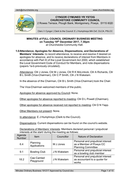CYNGOR CYMUNED YR YSTOG CHURCHSTOKE COMMUNITY COUNCIL 2 Rowes Terrace, Plough Bank, Montgomery, Powys