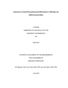 Expression of Capn6 During Osteoclast Differentiation in Wild-Type and HDAC4 Knockout Mice a THESIS SUBMITTED to the FACULTY OF