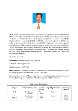 Dr. A. Suresh Has Completed His Doctoral Modern India In