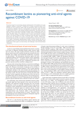 Recombinant Lectins As Pioneering Anti-Viral Agents Against COVID-19