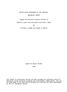 Oxygen and Strontium Isotopic Studies of Basaltic Lavas from the Snake River Plain, Idaho by William P
