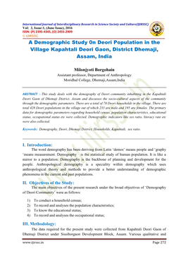 A Demographic Study 0N Deori Population in the Village Kapahtali Deori Gaon, District Dhemaji, Assam, India