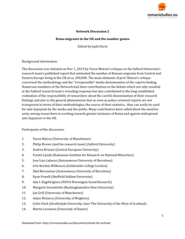 1 Network Discussion 2 Roma Migrants in the UK and the Number Games Edited by Judit Durst Background Information: the Discussion