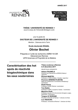 Olivier Bochet Préparée À L’Unité De Recherche UMR6118 GR Géosciences Rennes UFR Sciences Et Propriété De La Matière