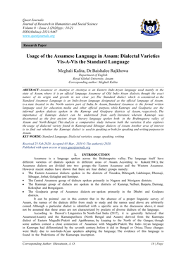 Usage of the Assamese Language in Assam: Dialectal Varieties Vis-A-Vis the Standard Language