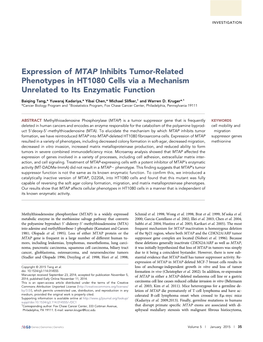 Expression of MTAP Inhibits Tumor-Related Phenotypes in HT1080 Cells Via a Mechanism Unrelated to Its Enzymatic Function