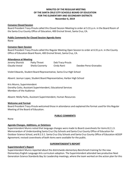 MINUTES of the REGULAR MEETING of the SANTA CRUZ CITY SCHOOLS BOARD of EDUCATION for the ELEMENTARY and SECONDARY DISTRICTS November 6, 2019