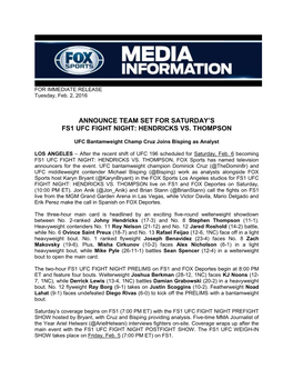 Announce Team Set for Saturday's Fs1 Ufc Fight