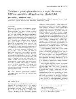 Variation in Gametophyte Dominance in Populations of Chondrus Verrucosus (Gigartinaceae, Rhodophyta)