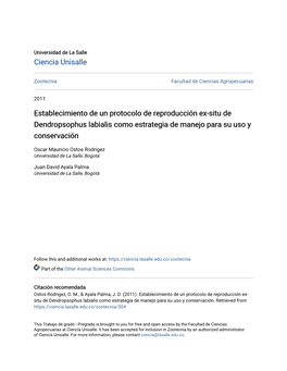 Establecimiento De Un Protocolo De Reproducción Ex-Situ De Dendropsophus Labialis Como Estrategia De Manejo Para Su Uso Y Conservación