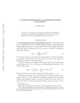 Arxiv:1710.02710V2 [Math.CV] 2 Apr 2018 Ottruhtesvr Co Xelnegatsev-2015-0554 Grant MTM2014-52865-P