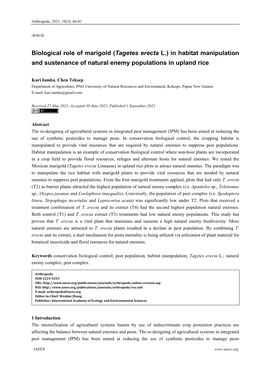 Biological Role of Marigold (Tagetes Erecta L.) in Habitat Manipulation and Sustenance of Natural Enemy Populations in Upland Rice