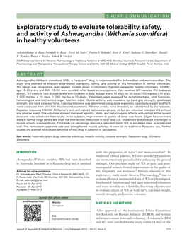 Exploratory Study to Evaluate Tolerability, Safety, and Activity of Ashwagandha (Withania Somnifera) in Healthy Volunteers