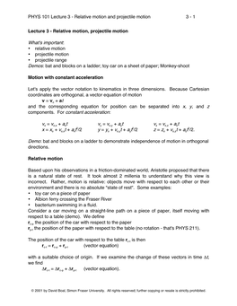 PHYS 101 Lecture 3 - Relative Motion and Projectile Motion 3 - 1